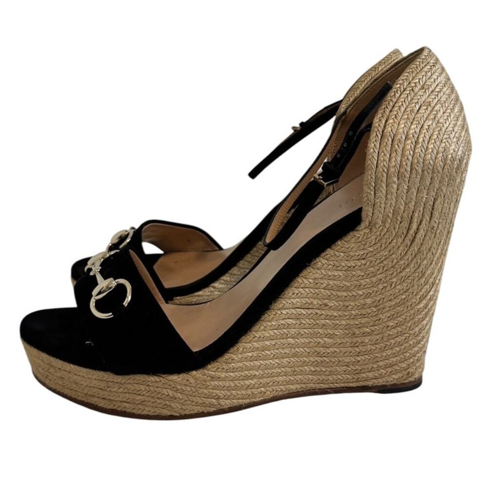 Gucci Horsebit Espadrille Black Suede Wedges Size  41.5 Box & Dust Bags Included - Picture 8 of 16